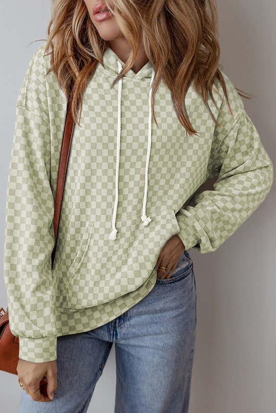 Grün karierter Muster mit Känguru-Taschen-Kordel-Hoodie