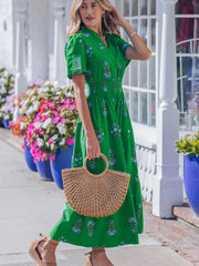 Green Floral Print Split Neck Shirred High Waist Ruffle Hem Maxi Dress - Miniatuur