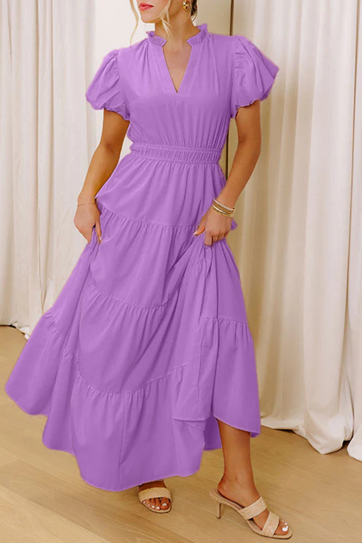 Bright Green Solid Color V Neck Short Puff Sleeve High Waist Tiered Maxi Dress - Damesmode Afbeelding 13