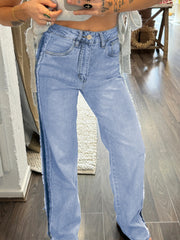 Jeans Beau Blue Contrast Stripe Side Patchwork Patchwork - Damesmode Afbeelding 2 - Miniatuur