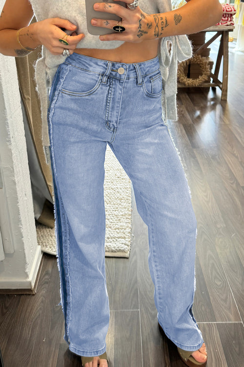 Beau Blue Contrast Stripe Frayed Side Panel Patchwork Shift Jeans - Damesmode Afbeelding 2