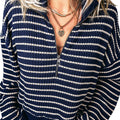 Blue Stripe Textured Knit Half Zip Collared Long Sleeve Top - Damesmode Afbeelding 5 - Foto 5