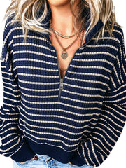 Blue Stripe Textured Knit Half Zip Collared Long Sleeve Top - Damesmode Afbeelding 5 - Miniatuur