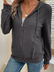 Red Dahlia Ribbed Zip Up Front Drawstring Hoodie - Miniatuur