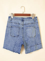 Sky Blue Striped Paisley Mixed Patchwork Raw Hem Denim Shorts - Miniatuur