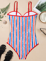 Red July 4th Stripes Impression Cutout Spaghetti Straps One Piece Swimsuit - Miniatuur
