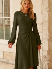 Jungle Green Solid Color Ruched Detail Long Sleeve Midi Dress - Miniatuur