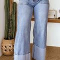 Beau Blue Turn-up Cuffs Womens Loose Jeans - Damesmode Afbeelding 1 - Foto 1