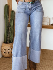 Beau Blue Turn-up Cuffs Jeans da donna larghi - Moda femminile Immagine 1 - Miniatuur