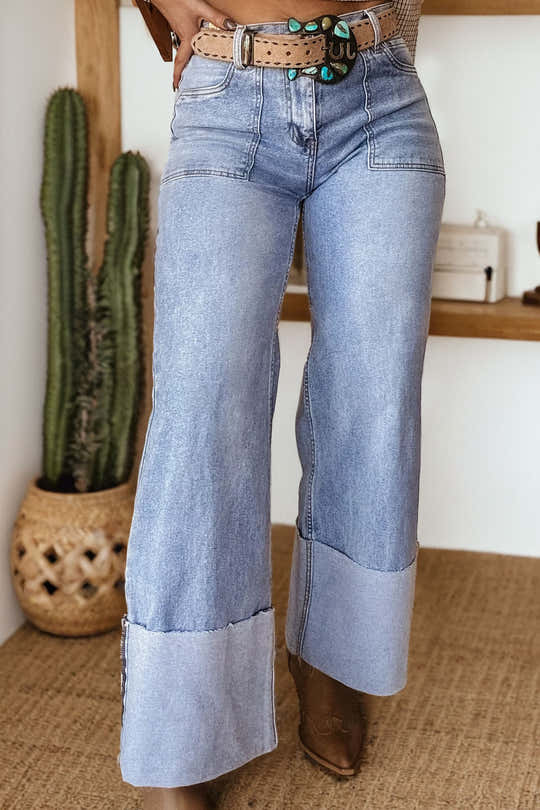 Beau Blue Turn-up Cuffs Jeans da donna larghi - Moda femminile Immagine 1