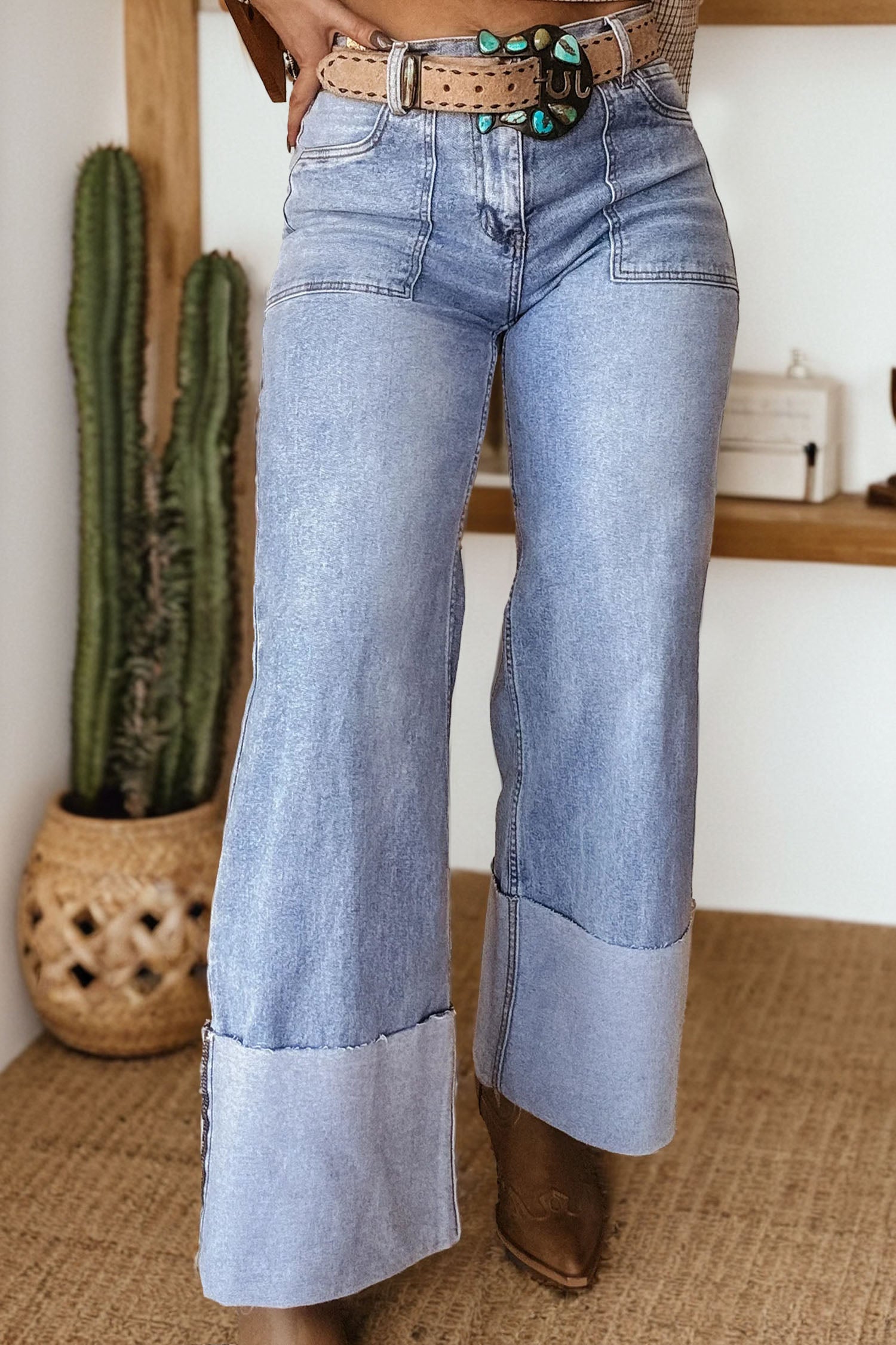 Beau Blue Turn-up Cuffs Womens Loose Jeans - Damesmode Afbeelding 1