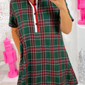 Green Plaid Button Front Short Sleeve Shift Dress - Foto 1