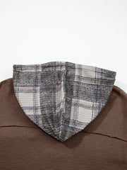 Brown Plaid Patchwork Button Down Drawstring Hooded Shacket - Damesmode Afbeelding 7 - Miniatuur