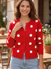 Feuriges rotes, lässiger Pullover-Cardigan mit Polka-Punkten und Langarmen vorne - Miniatuur
