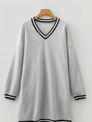 Hellgraues gestreiftes V-Hals-Langarm-Preppy-T-Shirt-Kleid mit V-Ausschnitt - Miniatuur