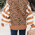Khaki Stripe Color Block Patchwork Leopard Casual Sweatshirt with Slits - Foto 2