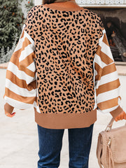 Khaki Stripe Color Block Patchwork Leopard Casual Sweatshirt with Slits - Miniatuur