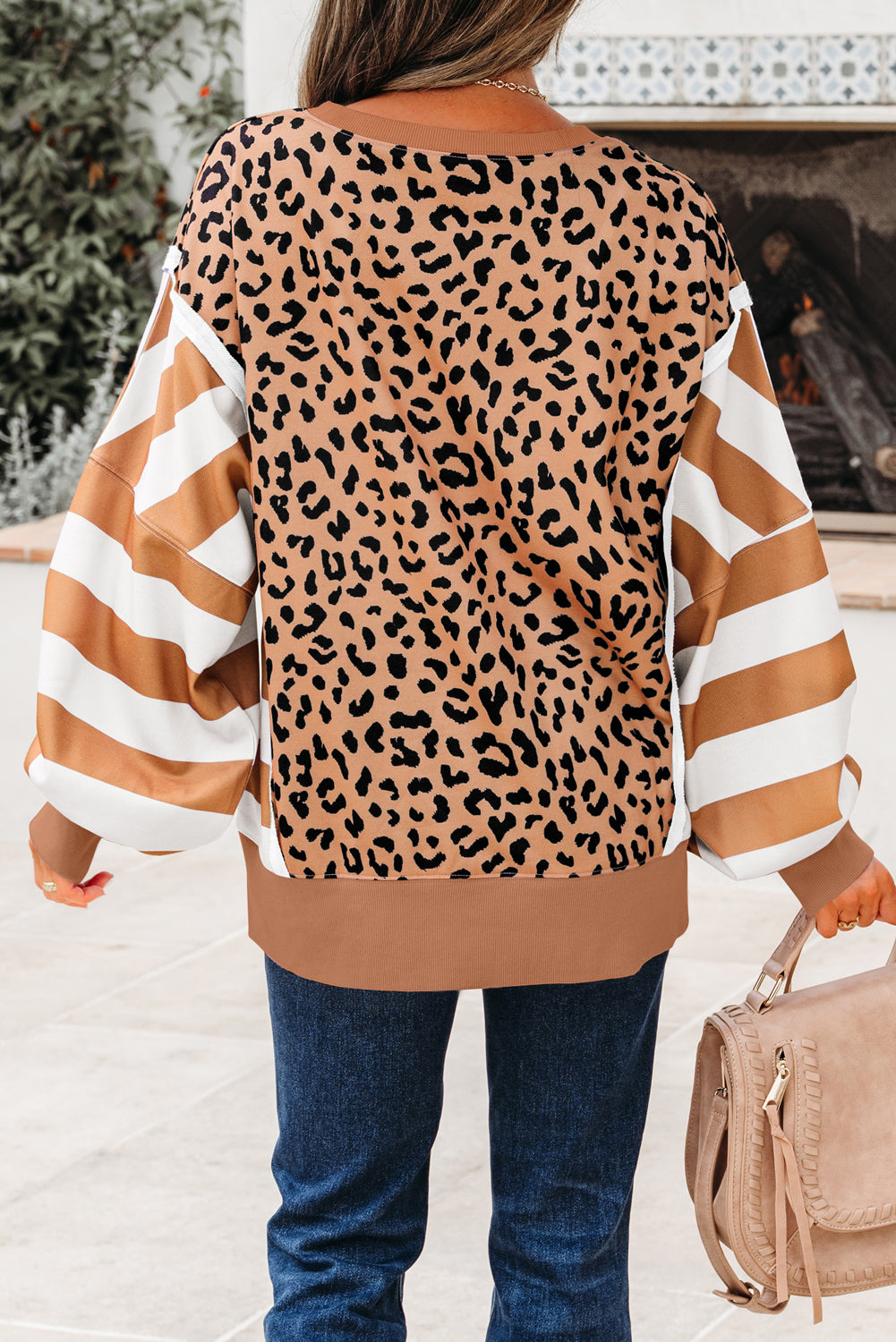 Khaki Stripe Farbblock Patchwork Leopard Casual Sweatshirt mit Schlitzen