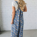 Blue Vintage Rose Printed Pleated Loose Denim Overall Jumpsuit - Damesmode Afbeelding 2 - Foto 2