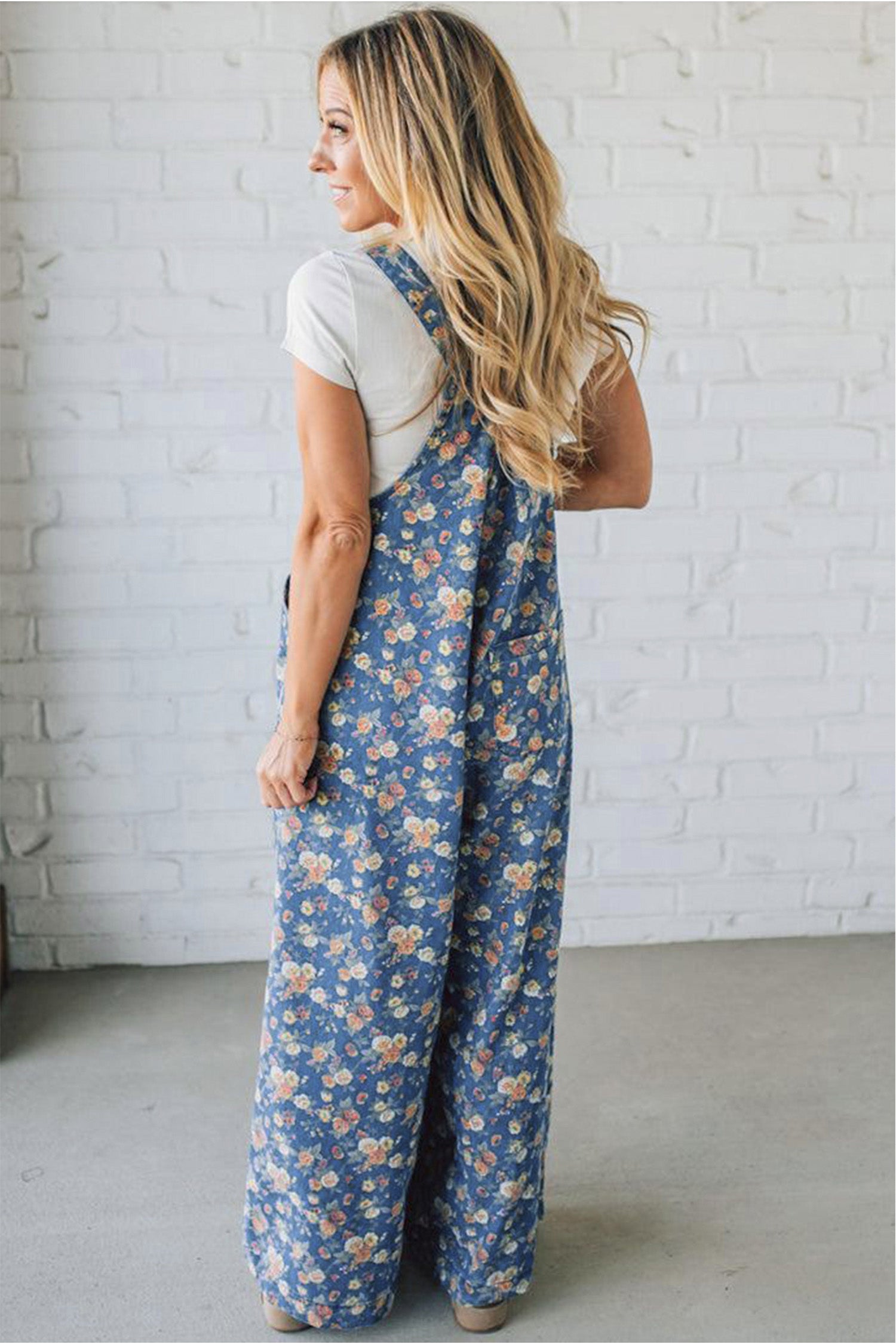 Blue Vintage Rose Printed Pleated Loose Denim Overall Jumpsuit - Damesmode Afbeelding 2