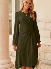 Jungle Green Solid Color Ruched Detail Long Sleeve Midi Dress - Miniatuur