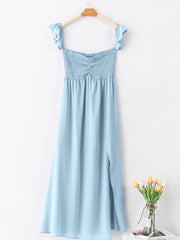 Himmelblaues, schulterloses, gerafftes, transparentes Maxikleid mit transparentem Schlitz - Miniatuur