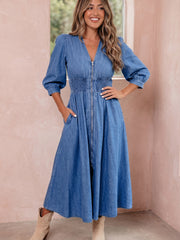Blu con scollo a V e vita con cerniera metallica e cerniera in denim - Damesmode Afbeelding 3 - Miniatuur