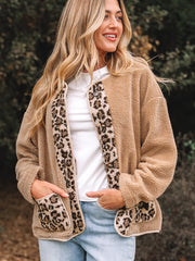 Chaqueta de peluche casual con estampado de leopardo con acentos y bolsillos - Miniatuur