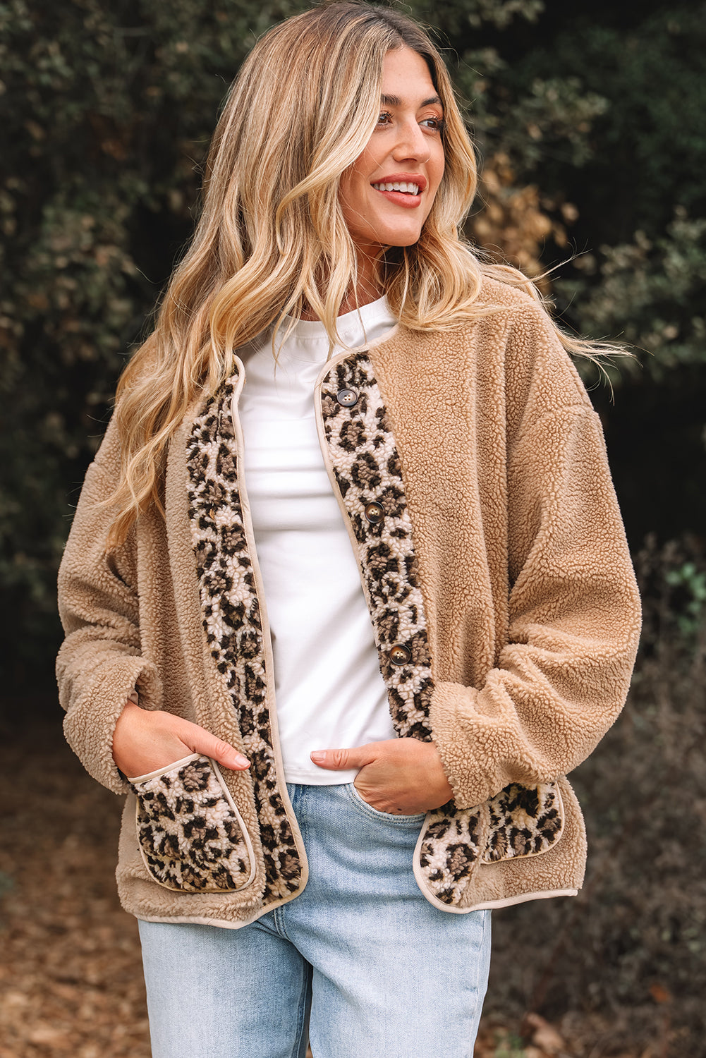 Veste décontractée en peluche à motif léopard avec poches