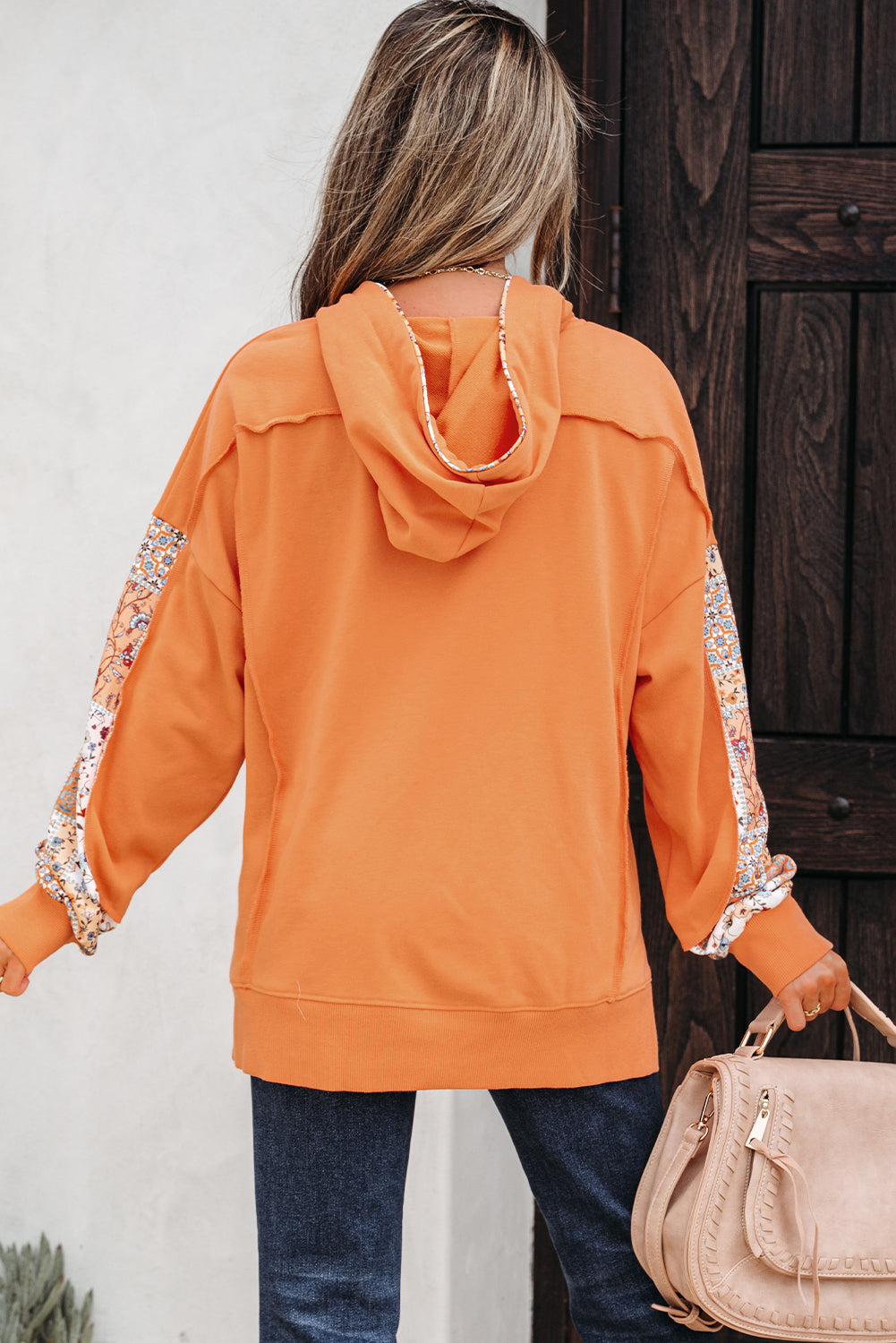 Flamingo Mix Blumen-Patchwork-Hoodie mit Seitenschlitz und Kordelzug