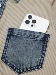 Beige kortærmet ribet denim patchwork polokrave kjole - Damesmode Afbeelding 8 - Miniatuur