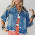 Blue Ruffle Hem Raw Edge Half Sleeve Western Denim Jacket - Damesmode Afbeelding 3 - Foto 3