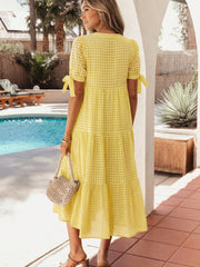 Yellow Gingham Textured Bow Tie Short Sleeve Tiered Midi Dress - Miniatuur