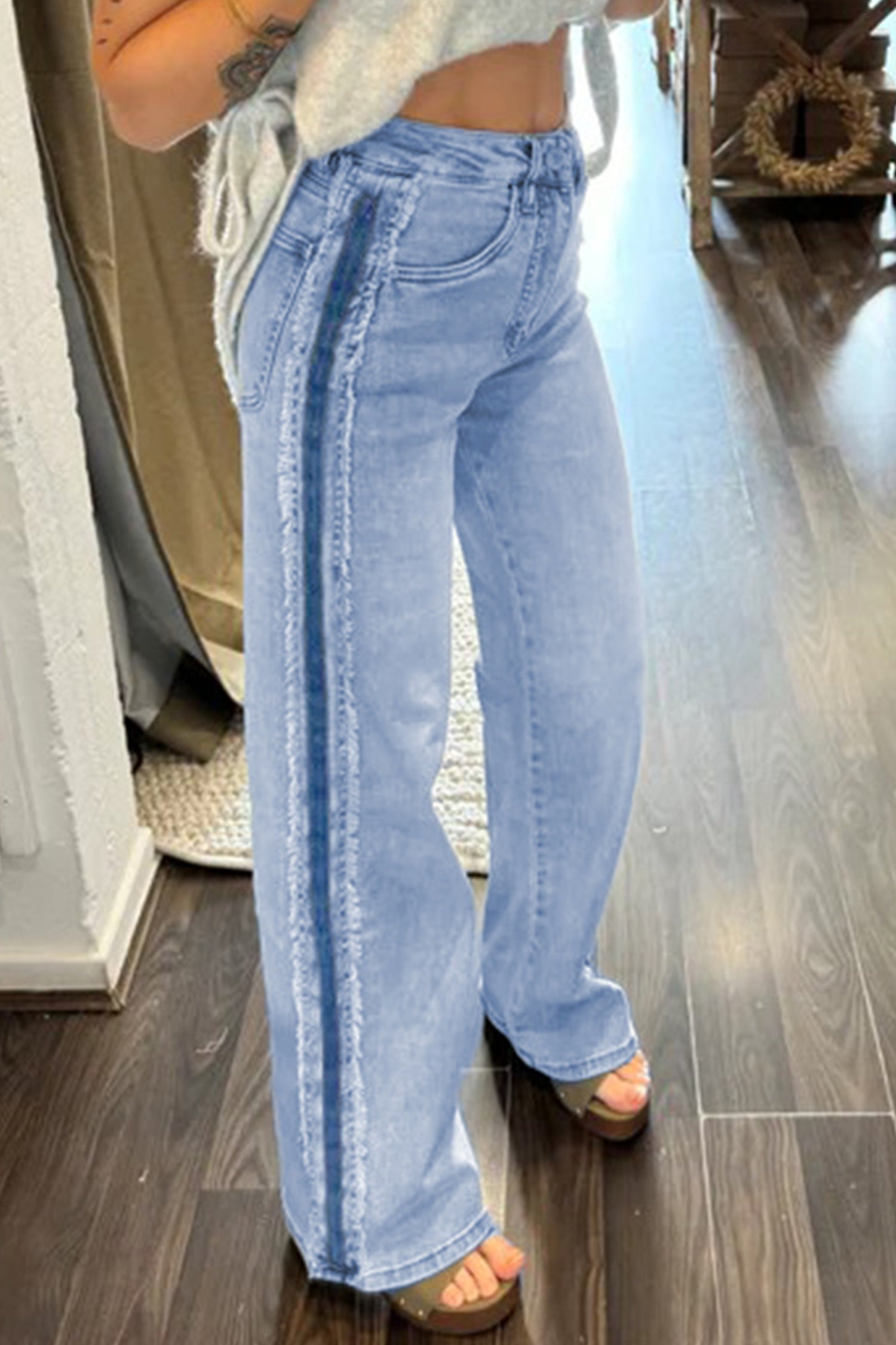 Beau Blue Contrast Stripe Frayed Side Panel Patchwork Shift Jeans - Damesmode Afbeelding 1
