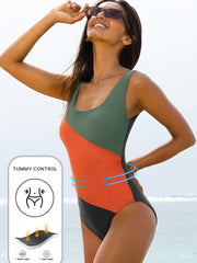 Duffel Green Color Block Padded Square Neck One Piece Swimsuit - Miniatuur