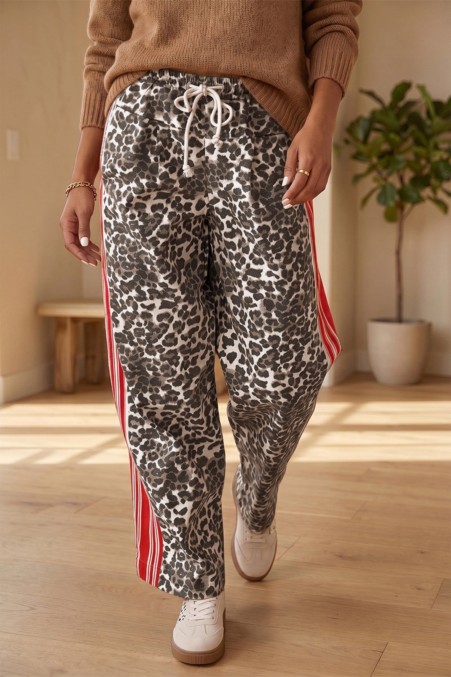 Brown Leopard Patchwork Elastic Waist Jeans - Damesmode Afbeelding 4