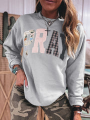 Coffee Floral Buffalo Plaid Striped Embroidered Patch Western Pullover Sweatshirt - Miniatuur