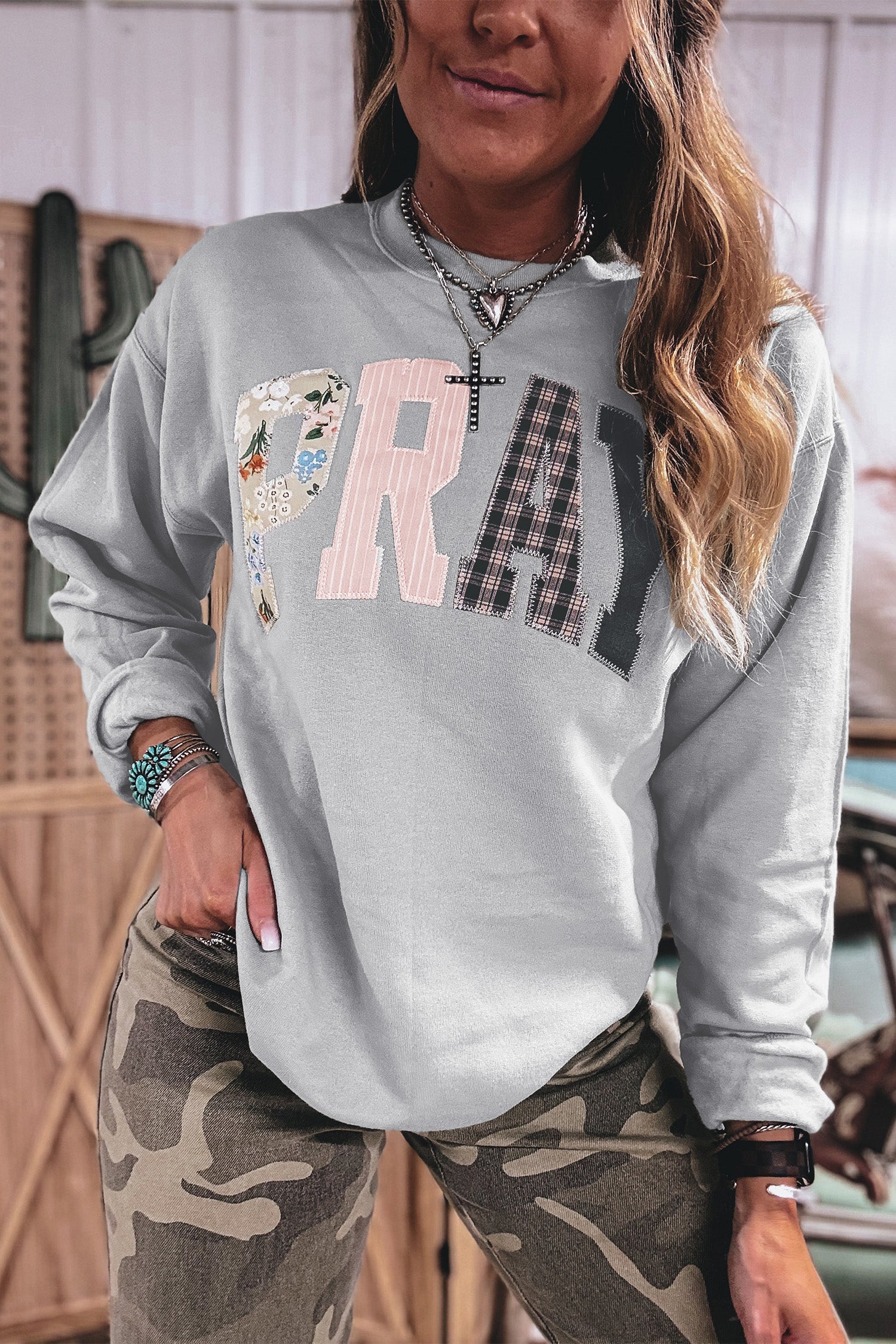 Kaffee-Floral-Buffalo-Karo-Gestreifter Patch Westernpullover Pullover