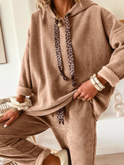 Parchment Leopard Drawstring Pullover Hoodie and High Waist Pants Corduroy Suit - Miniatuur