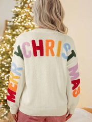 White Ho Ho Ho Slogan V Neck Button Front Embroidered Knit Cardigan - Miniatuur