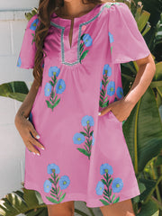 Rosé-Blumen-Kurzärmel-Split-Neck-Locker-Mini-Kleid - Miniatuur
