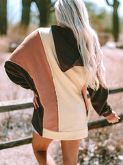 Beige übergroßer Farbblock Patchwork High Low Hoodie – Damesmode Afbeelding 2 - Miniatuur