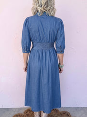 Vestito midi di jeans blu con scollo a V con scollo a V e zip metallica - Damesmode Afbeelding 5 - Miniatuur