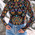 Farbschwarzer abstrakter Muster Langarm-Stehhals-Mesh-Top - Foto 3
