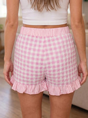 Sky Blue Gingham Print Ruffle Striped Detail Lace Tie Shorts - Miniatuur