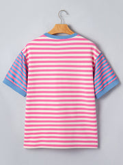 Pink Stripe Contrast Patchwork Short Sleeve Loose Tee - Miniatuur