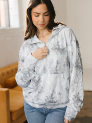 Gray Camo Leaf Print Kangaroo Pocket Quarter Zip Hoodie - Miniatuur