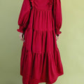 Rennrotes Einfarbiges Rüschen-Outfit Langärmeliges gestuftes Shift-Midi-Kleid - Foto 4