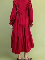 Racing Red Solid Color Ruffle Trim Long Sleeve Tiered Shift Midi Dress - Miniatuur