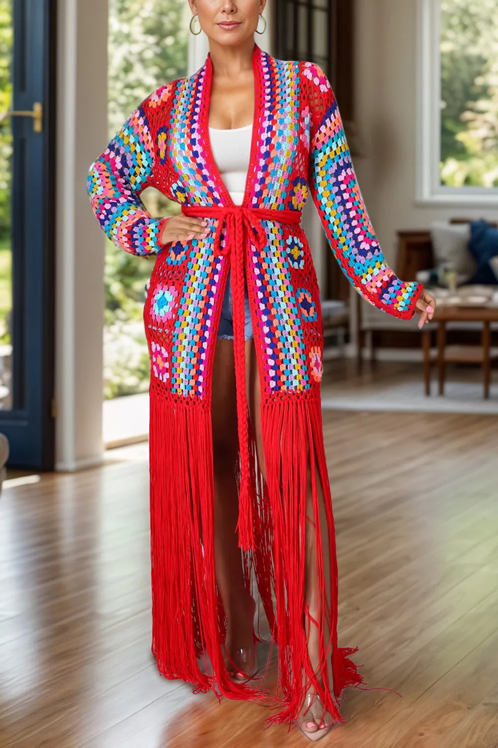 Fringe Tied Long Sleeve Cardigan - Exclusive Women Fashion & Apparel | Redblad Official